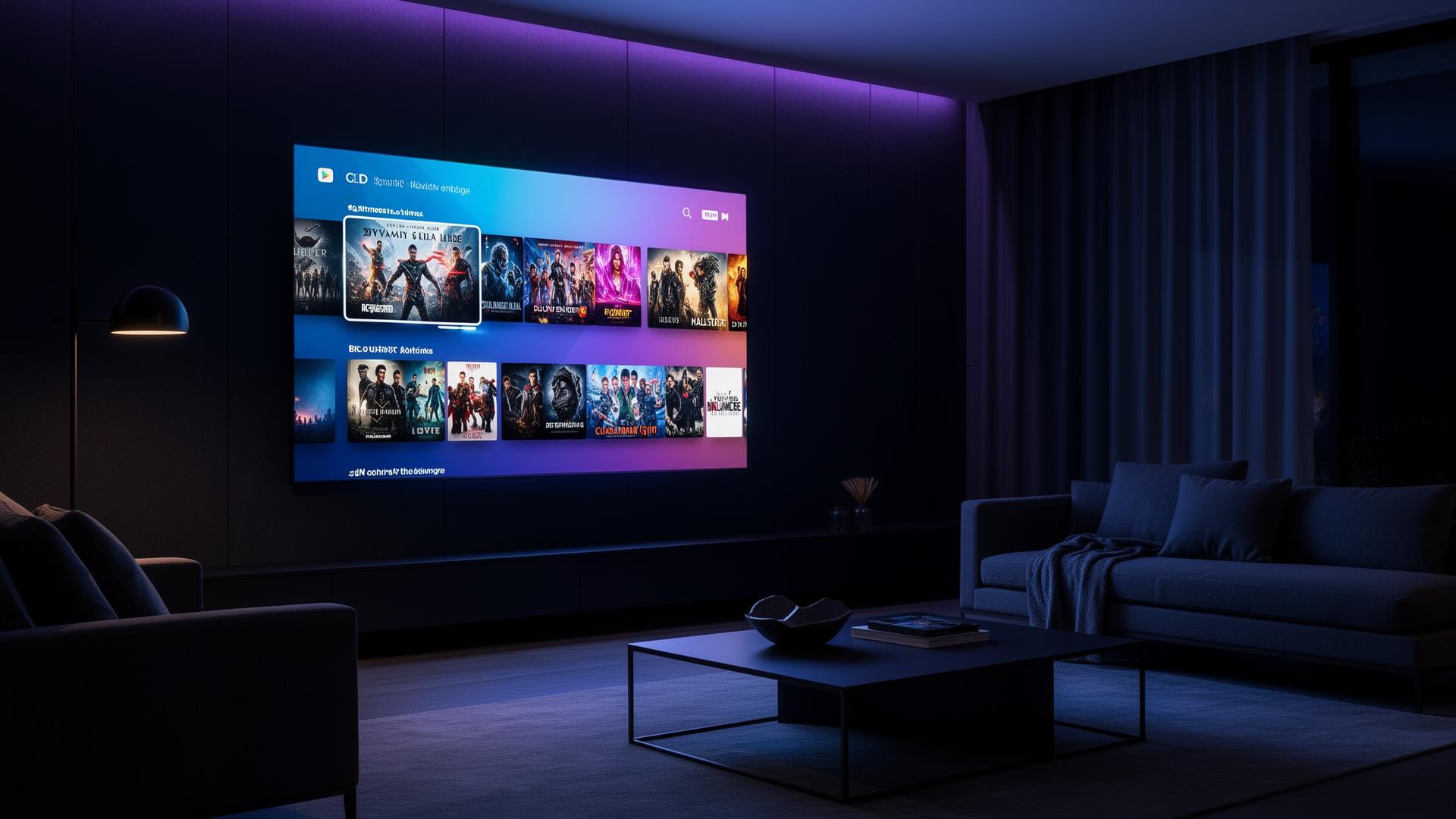 Smart TV moderna exibindo plataforma IPTV em sala premium com iluminação ambiente